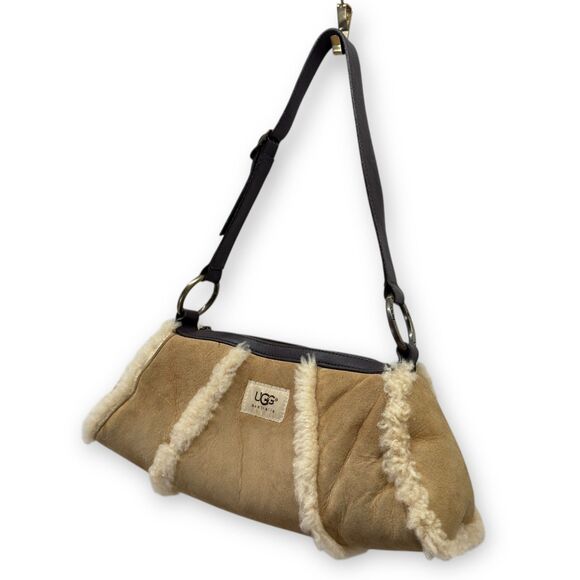 Y2k UGG Suede Shearling Small Purse Shoulder Bag Sheepskin Tan Rockabilly Preppy - Picture 2 of 16